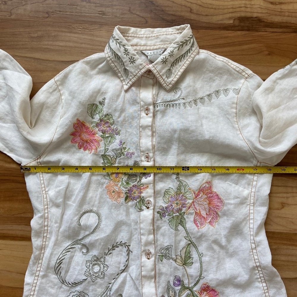 Tweeds Women Linen Embroidered Button Front Shirt Size: S Cottagecore Boho - Picture 8 of 9